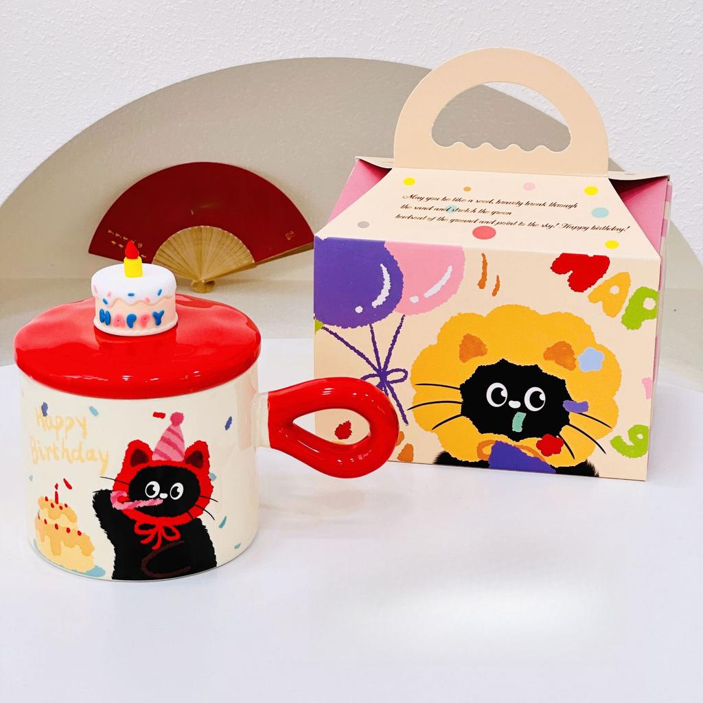Gift Box Set with Lid Kitten Cartoon Mug Large Capacity Water Cup for Girls Couple Ceramic Cup Set