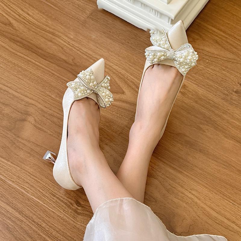 2026 Pearl Rhinestone Bow Stiletto Single Shoes Autumn New Pointed Toe Shallow Mouth Slip-on Non-Slip Wear-Resistant High Heels
