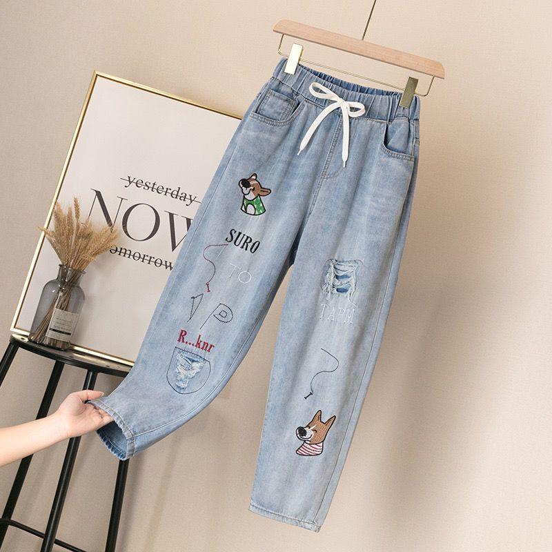 FiveFive Cartoon Embroided Harem Jeans Baggy Ankle-length Denim Pants Lace Up Straight Ripped Vaqueros High Waist Jeansy Big Size