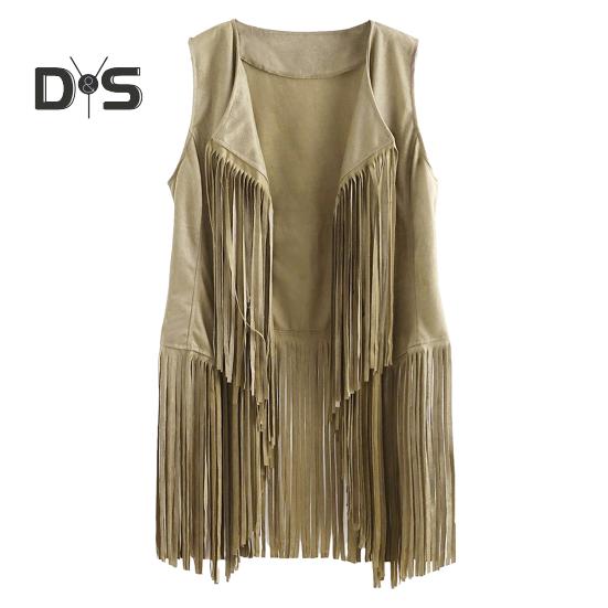 Women Cardigan Tassel Fringed Solid Color Open Stitch Vintage Western Cowboy Cosplay Hippie Sleeveless Stage Performance Role Play Lady Waistcoat