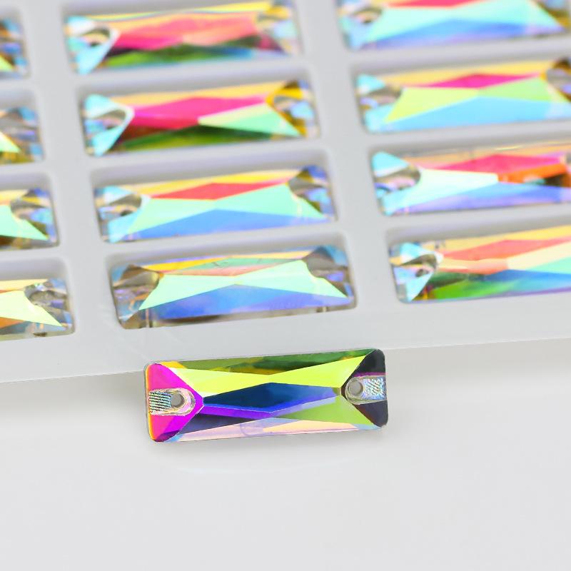 

Прямоугольные стразы AB с двойным отверстием, стеклянные стразы плоской формы для свадебного платья с высоким блеском, аксессуары 5*10MM 48 pcs/pack