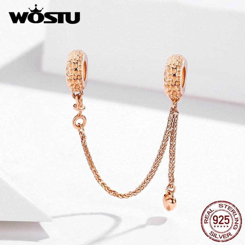 WOSTU 100% 925 Silver Safety Chain Rose Gold Charm Fit Original Bracelet Pendant Women Wedding Luxury Jewelry CQC1112-C