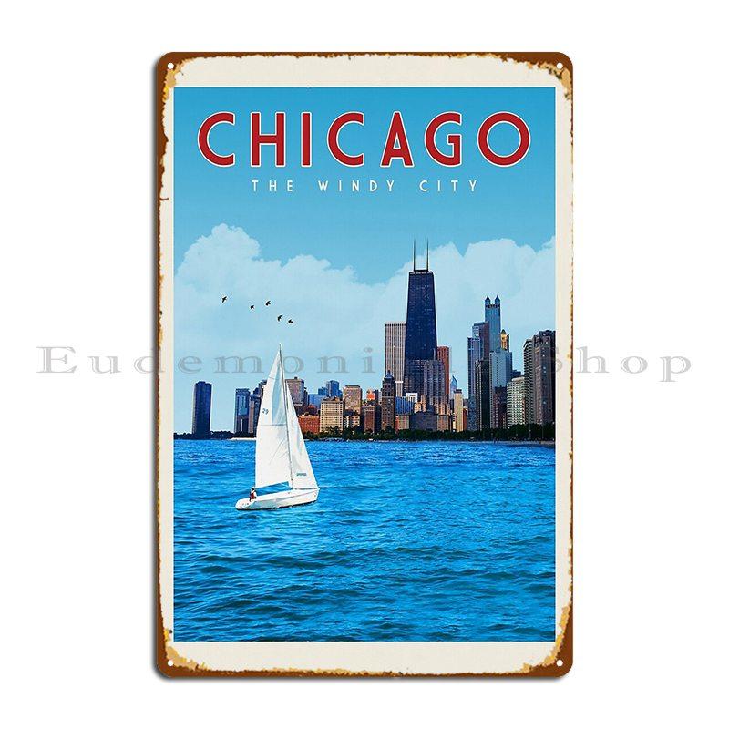 Chicago Illinois Vintage Travel Poster Metal Plaque Poster Retro Wall Plaque Club Bar Printed Rusty Tin Sign Poster 20X30CM