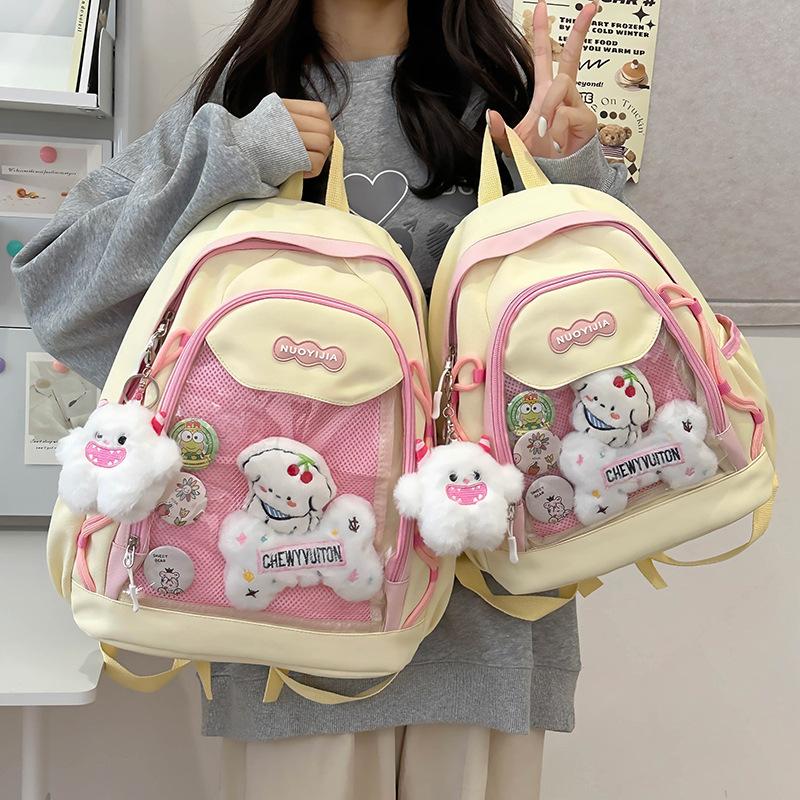 School Bag, High-value Japanese Color-block Transparent Pain Bag, Sweet Versatile Backpack for Middle School Students, Cute Children's Spring Outing