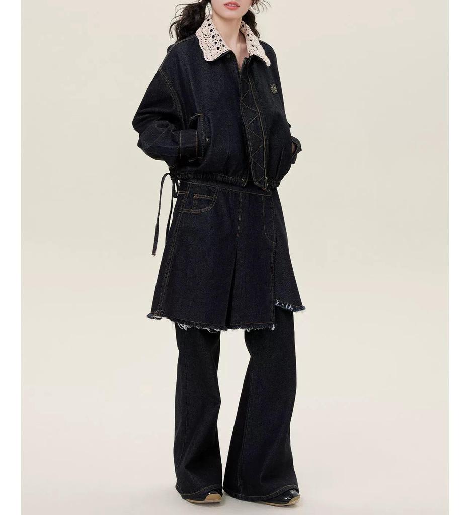 In Stock: Romantic Lace Denim Jacket with Detachable Knit Collar and Bud Hem - Girlish Style for Autumn