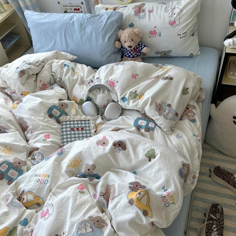 Washed Cotton Four-piece Set, Small Fresh Quilt Cover, Dormitory Bed Sheet Three-piece Set, Bedding