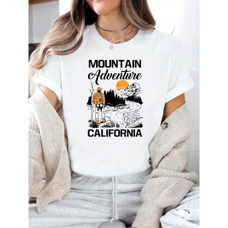 European sizes Mountain California Adventure Graphic T-Shirt – Women’s Casual, Comfortable Short Sleeve Crewneck with Scenic Mountain & Hiker Design