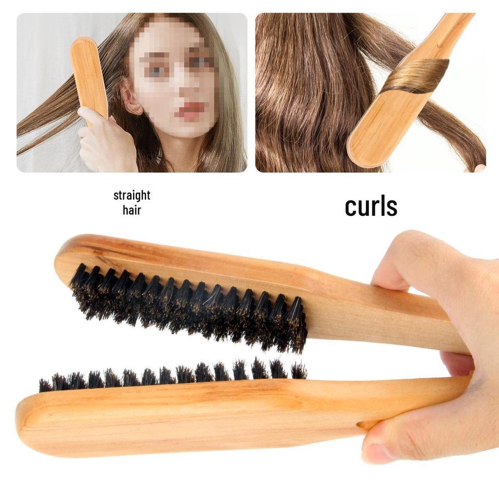 V-Shaped Boar Bristle Straightening Comb - Beechwood Curling & Styling Brush