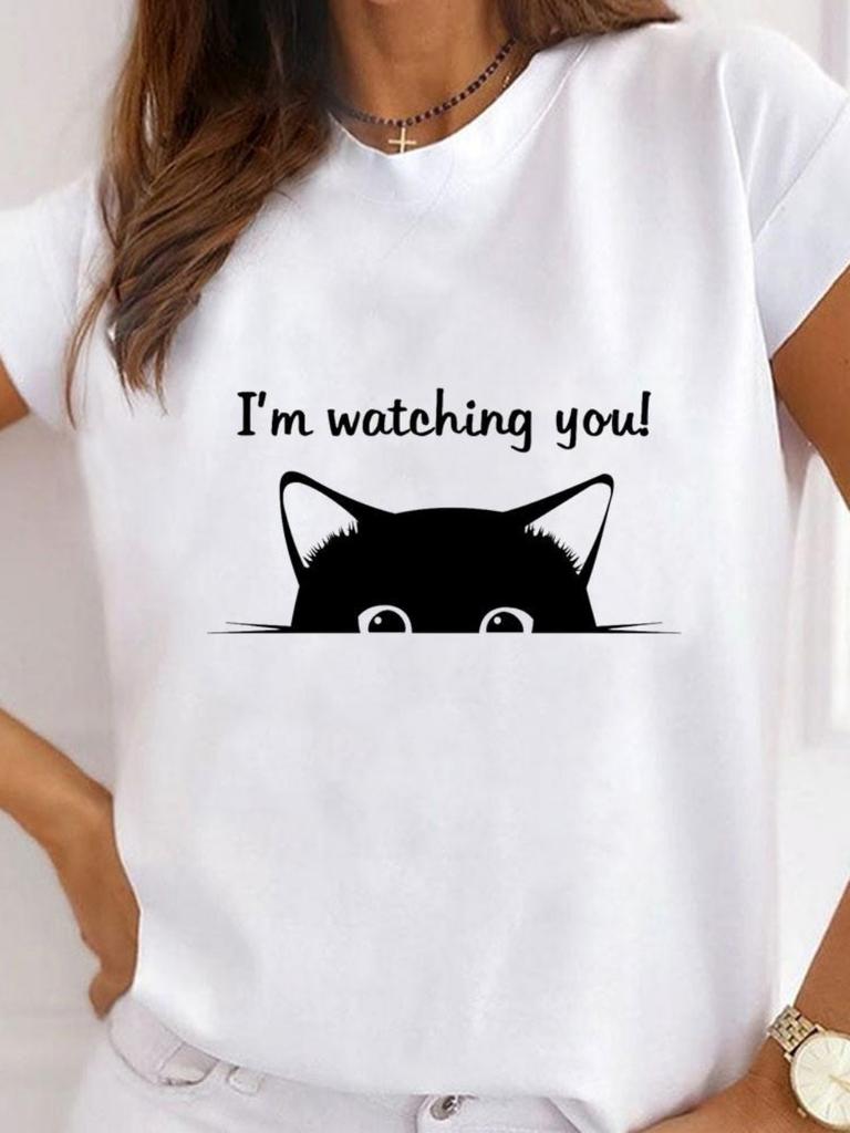 Fashionable Cartoon Cat Printed Womens Tshirt Fashionable Round Neck Top Casual Short Sleeved Womens Clothing