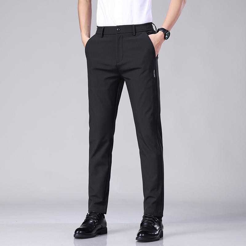 Ultra-thin Elastic Men's Casual Trousers Summer Quick-drying Ice Silk Slim Straight Business Solid Color Trousers Black Gray