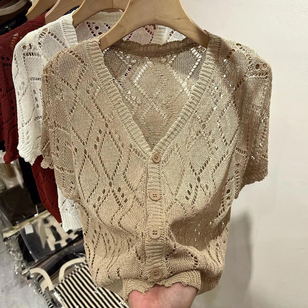 

Women Summer Thin V-neck T-shirt Simple Ice Silk Hollow Sweater Top XXS