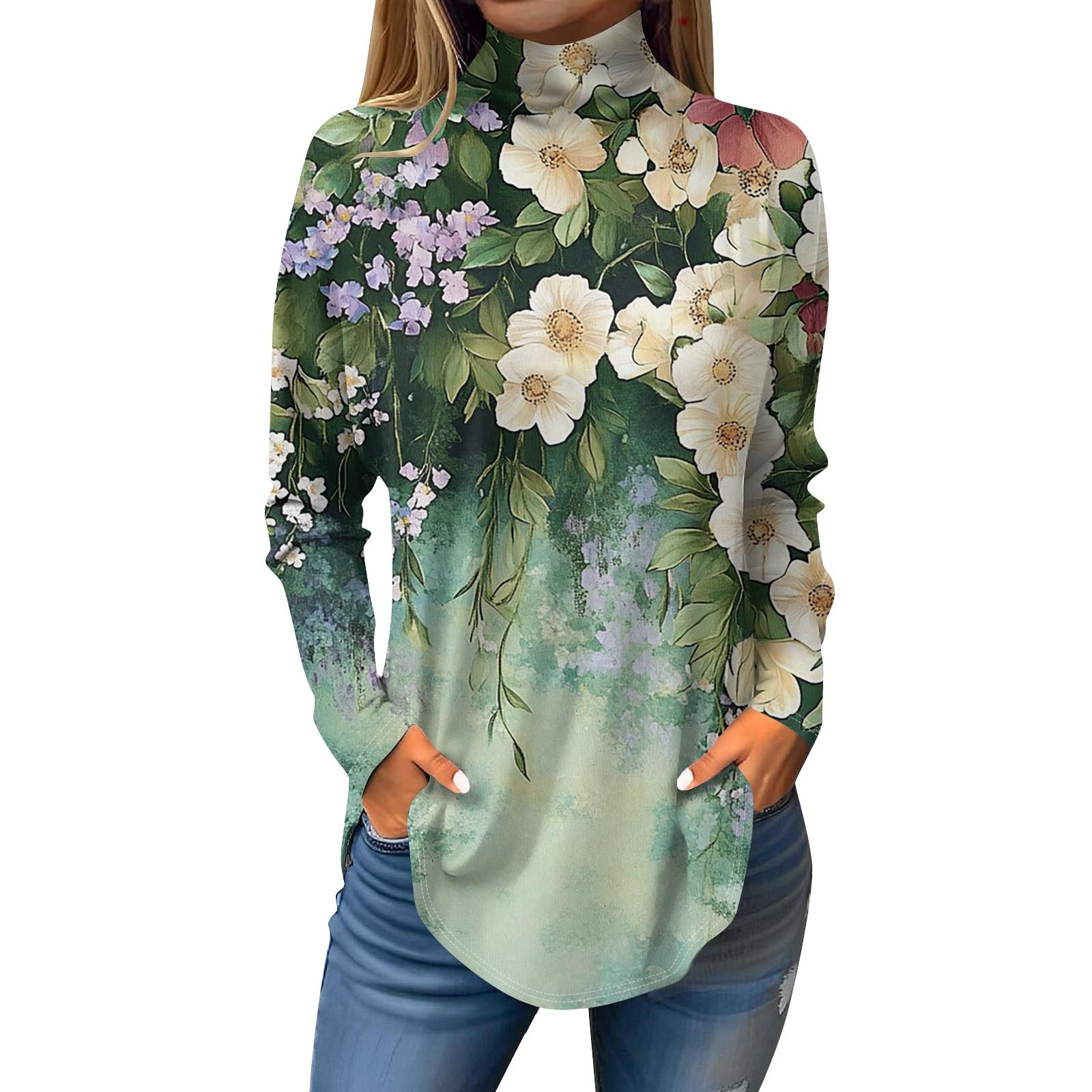 

Женская модная повседневная футболка с длинным рукавом с высоким воротом и принтом, пуловер, топ L армия зеленый