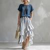 Women Casual Two Piece Set Round Neck Short Sleeve Top Layered Ruffle Hem Striped Skirt Summer Outfit