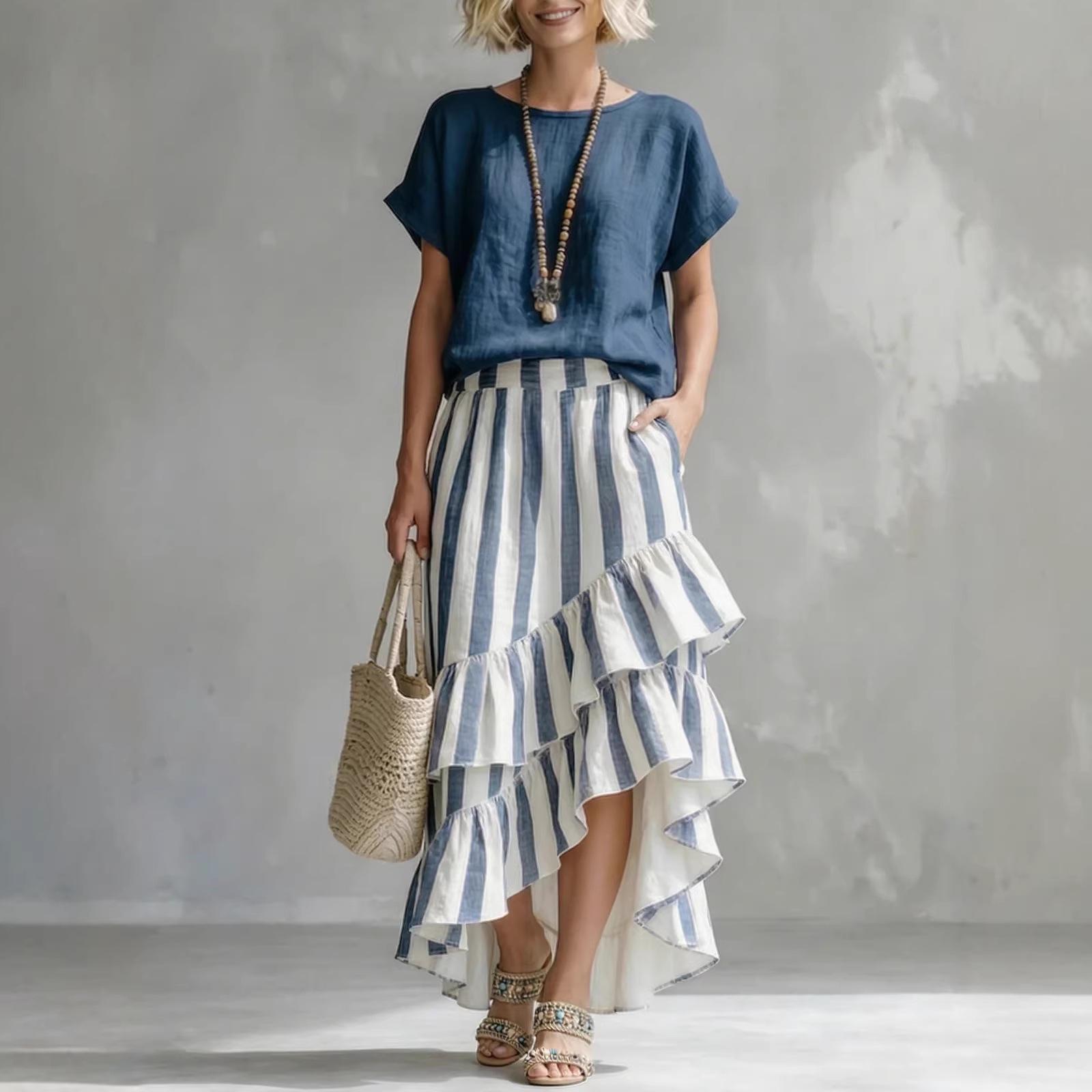 Ladies  Casual And Fashionable Round Neck Top Striped  Skirt Set L