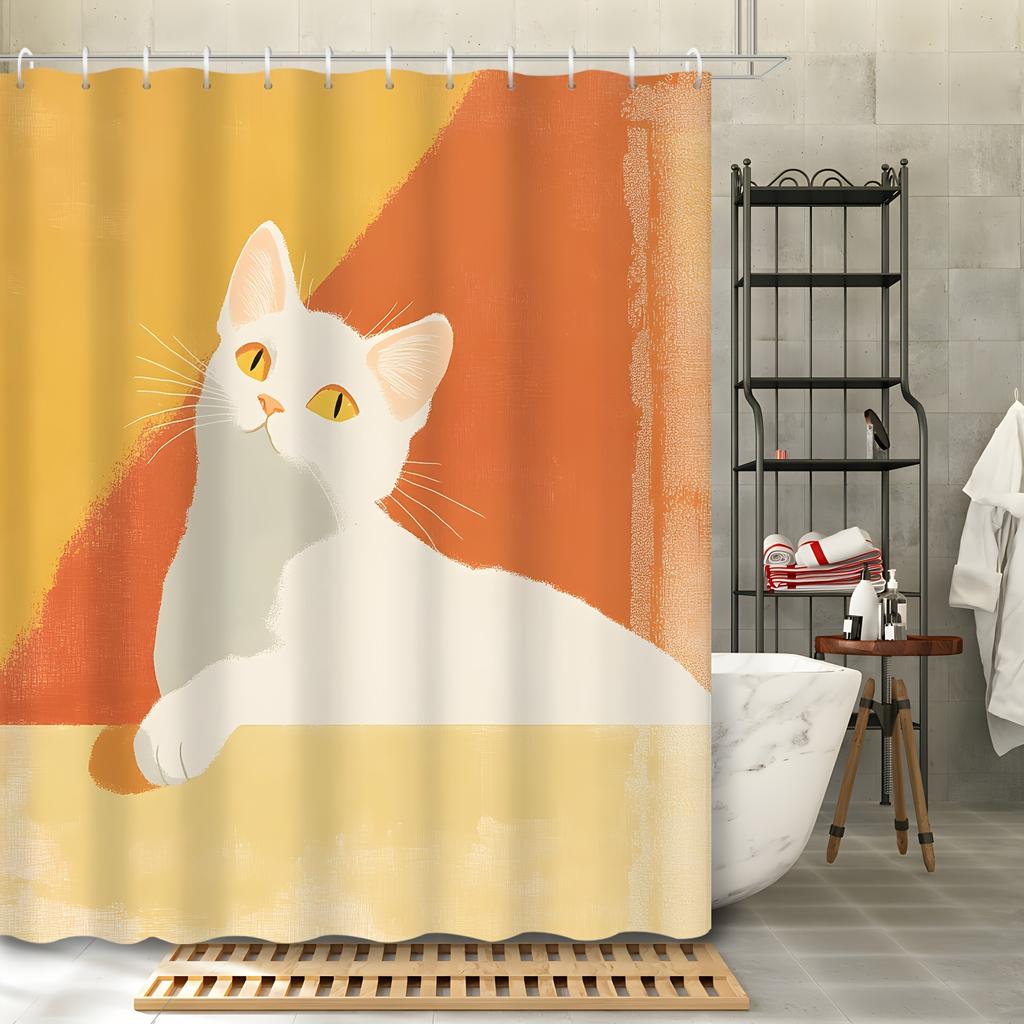Peaceful White Cat Shower Curtain - Abstract Art Wall Hanging for Living Room and Bedroom Decoration -Minimalism and Tranquility