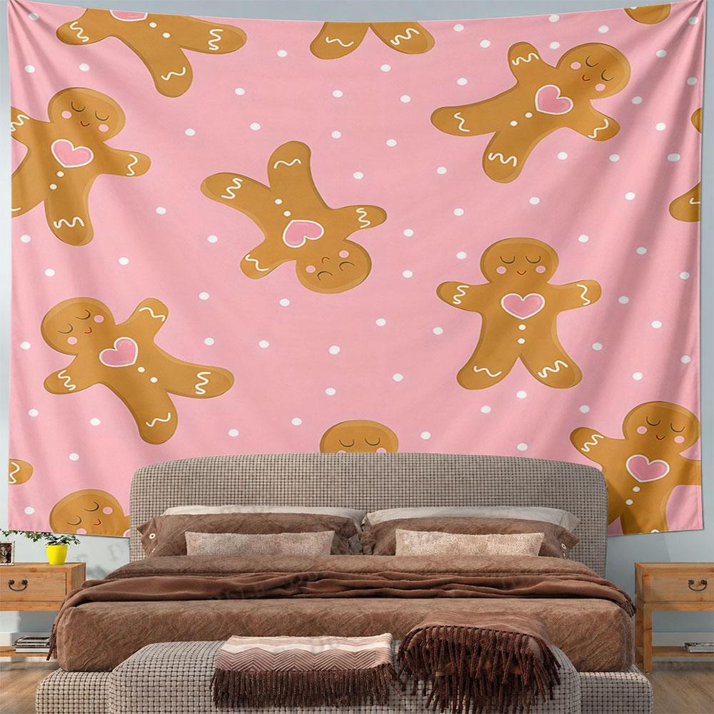 Cute Gingerbread Men on Pink Background Pattern Wall Hanging Tapestry Decorative Tapestry Home Decor for Bedroom and Living Room
