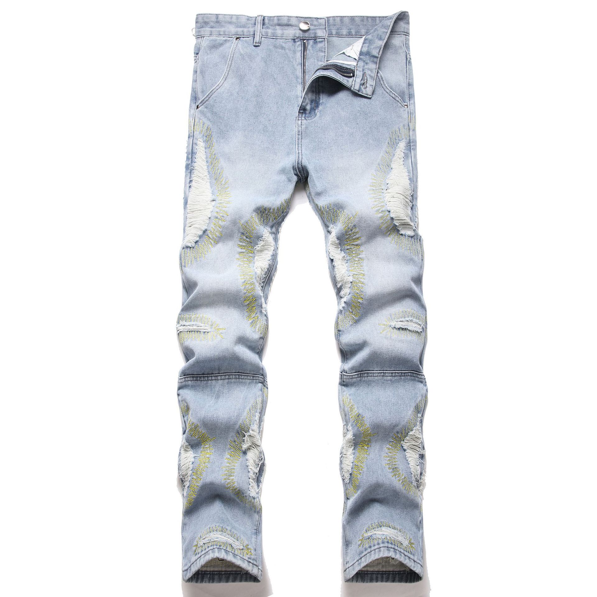 

Fashion Trendy Retro Distressed Denim Jeans New Style Youth Mens Slim Fit Streetwear Personalized Straight-leg Pants 32