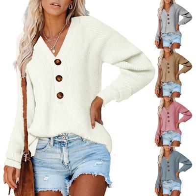 Women's  And Winter Loose Solid Color V-neck Single-breasted Half Cardigan Stitching Long-sleeved Knit Sweater Top