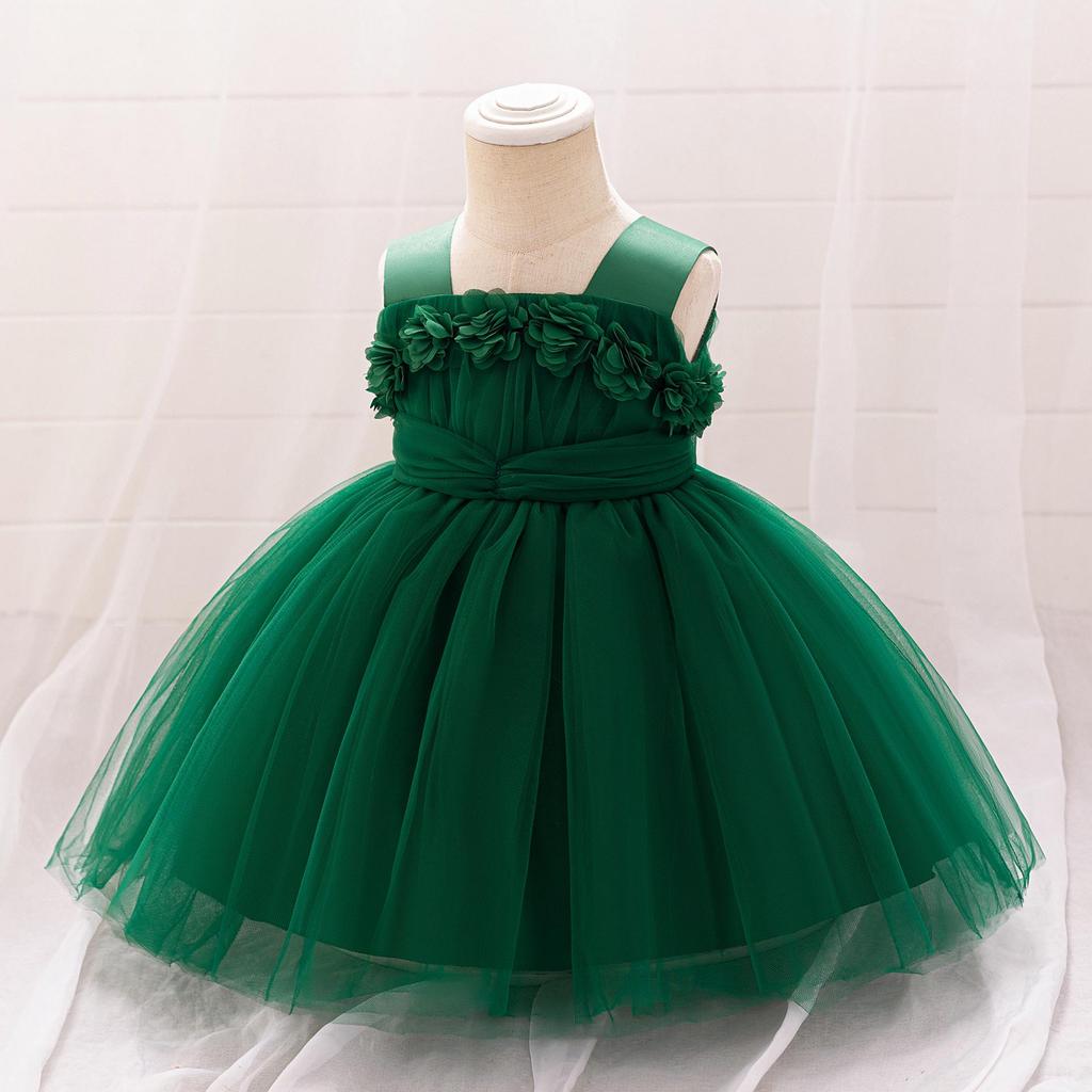 2024 Girls' Princess Dress with 3D Floral Mesh - Perfect for First Birthday