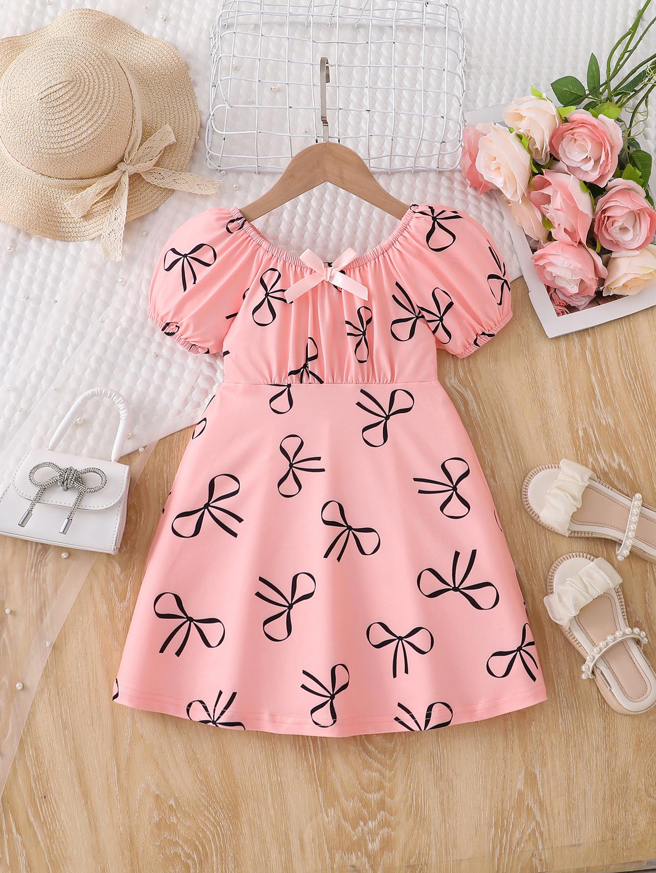 

Girls Casual & Stylish Preppy-Cute Pink Dress — Spring/Summer Edition — Featuring 3D Bows, Cold-Shoulder Design, Round Neckline, and Puff Sleeves 7Y рожевий