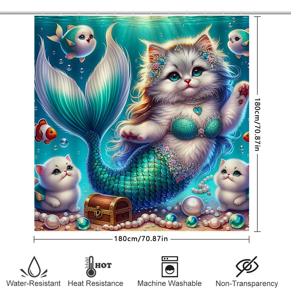 Shower Curtain Mermaid Cat Fish Tail Decoration Waterproof Home Bathroom Accessories Pet Lover Gift Idea