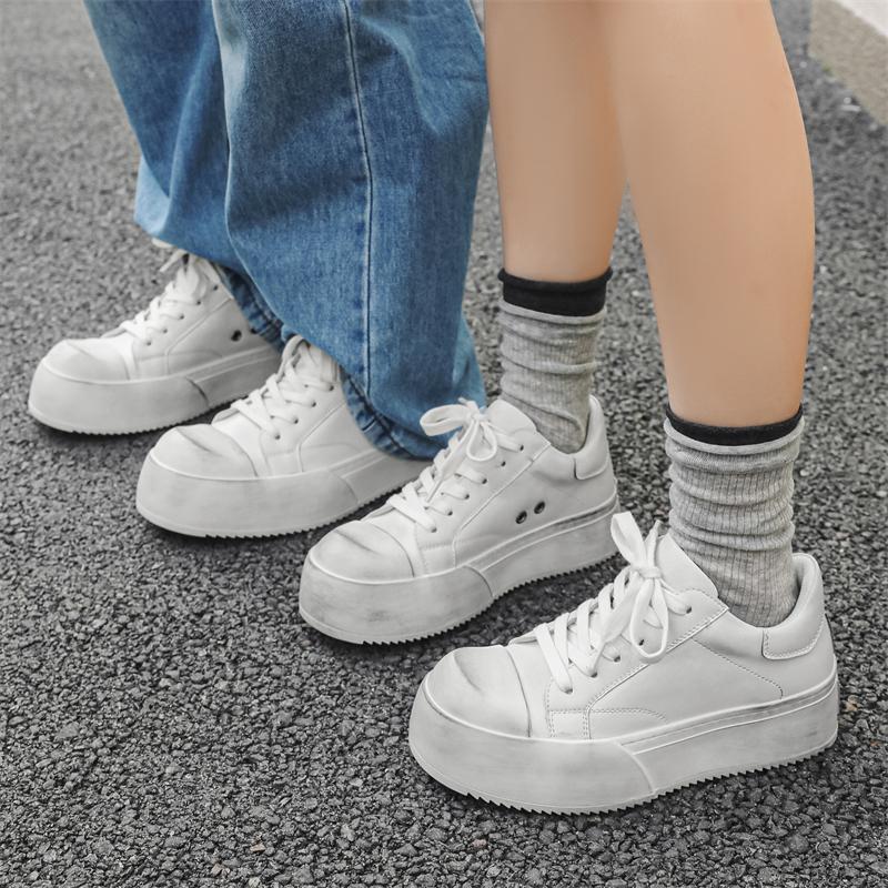 Hight Quality Niche Brand Genuine Leather Solid White Flat Sneakers For Men Women Teenagers Couple Dress Height Increasing Shoes