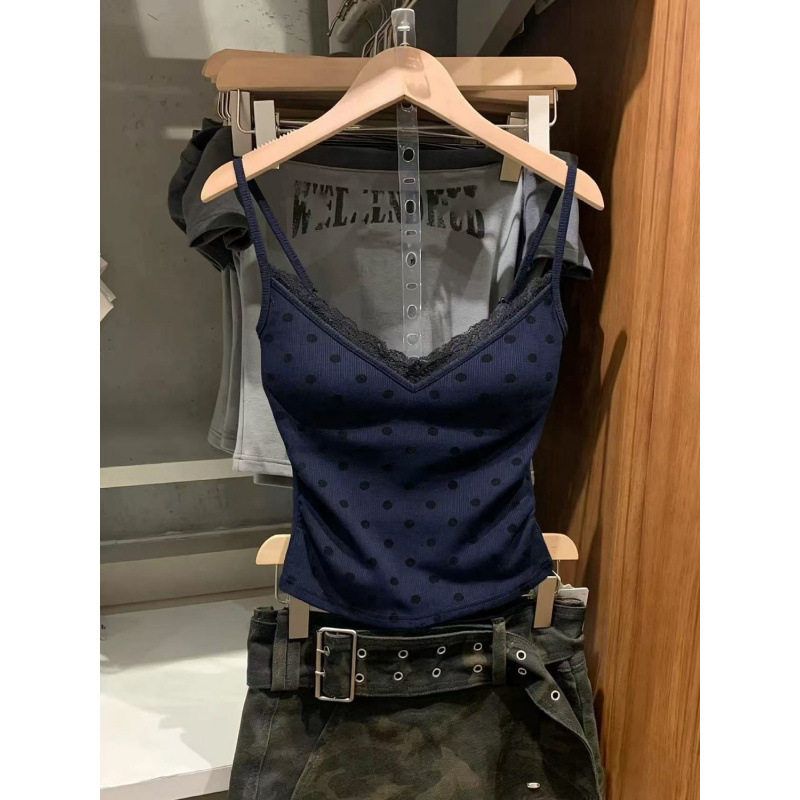 

Summer Polka Dot Lace Patchwork Design Camisole for Women, Slimming Hot Girl Style, Short Vest for Inner or Outer Wear Navy blue S