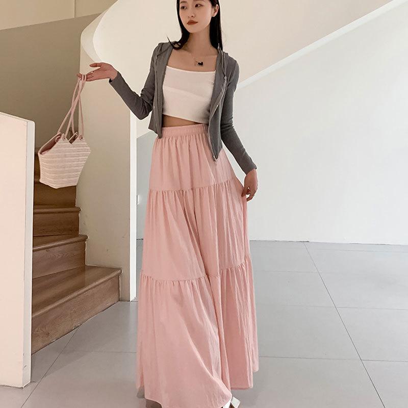 2026 New Style Women's Pink French Cake Skirt with Elastic Waistband - Spring/Summer Loose Slimming Half Skirt