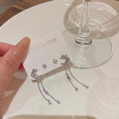 S925 Silver Needle Star & Moon Tassel Earrings with Zircon Studs