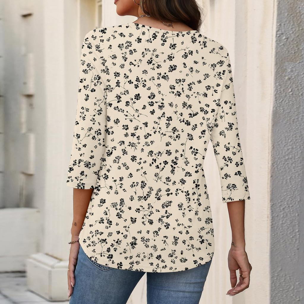 Damenoberteile mit 3/4-Ärmeln V-Ausschnitt Hemd Lässige Bluse Basic T-Shirts