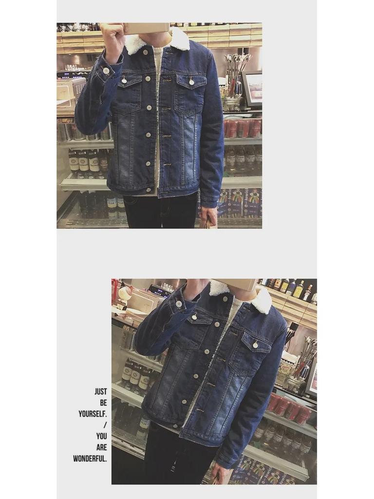 Heren Slim Fit Winter Denim Jas met Velvet en Lamswol Voering