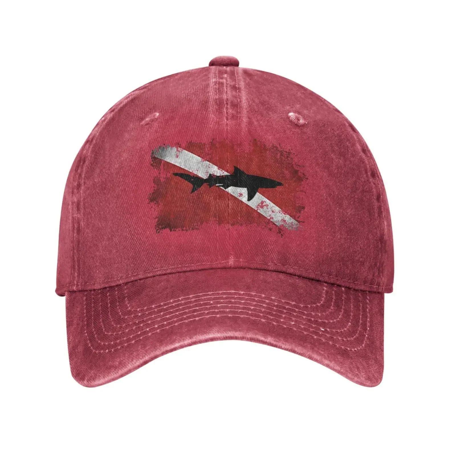 

Vintage Shark Scuba Dive Flag Retro Sports Denim Cap Adjustable Snapback Casquettes Unisex Plain Baseball Cowboy Hat Adjustable вина червоного кольору