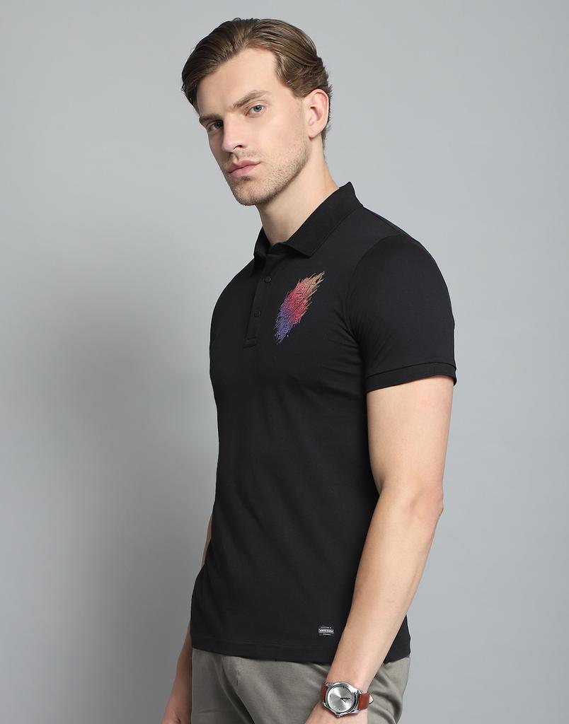Monte Carlo Mens Printed Black Collar Neck Half Sleeve T-Shirt