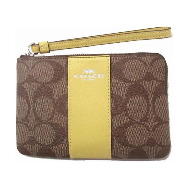COACH clutch bag Corner Zip Wristlet 16 Letter Logo Logo Classic Print Stripes Coated Canvas and Cross Pattern Leather Wallet Mini Women's Silver