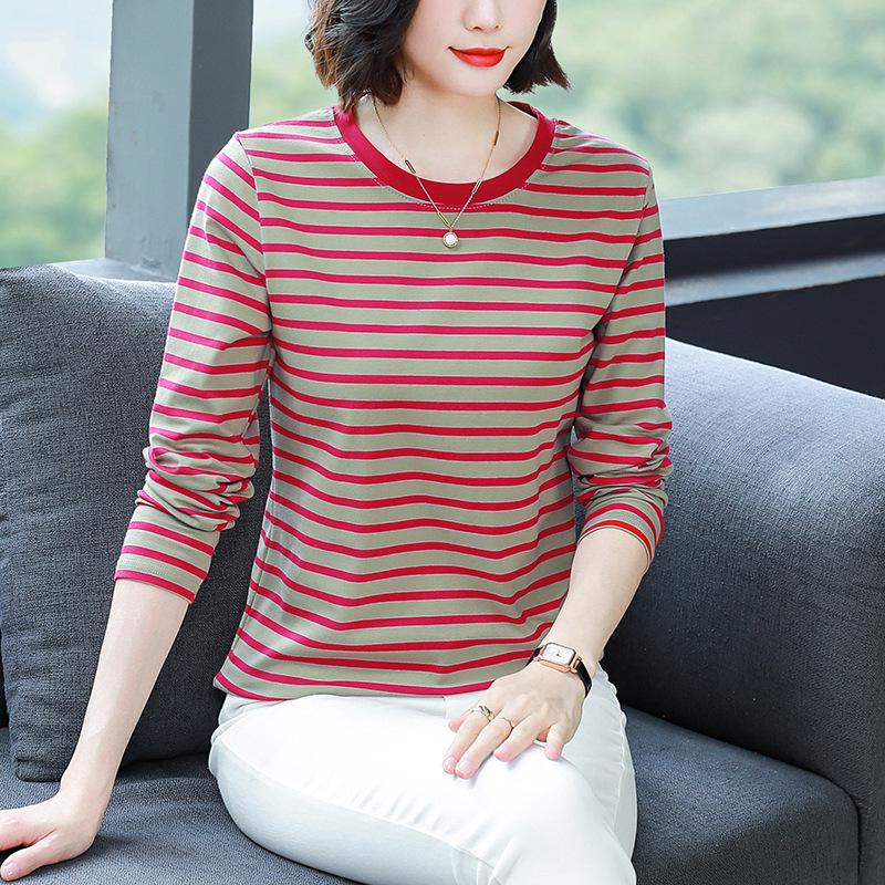 Plus Size Loose-Fit Cotton Striped Long-Sleeve T-Shirt for Middle-Aged & Elderly Women