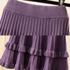 Knitted Skirt Female Autumn and Winter High Waist Pleated Skirt A-line Ruffle Pure Color Elastic Waist