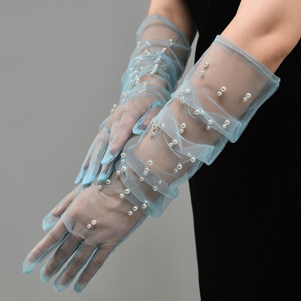 

Accessories Party Dinner Dress Banquet Bridal Mesh Gloves Pearl Mittens Lace Long Gloves Wedding розовый