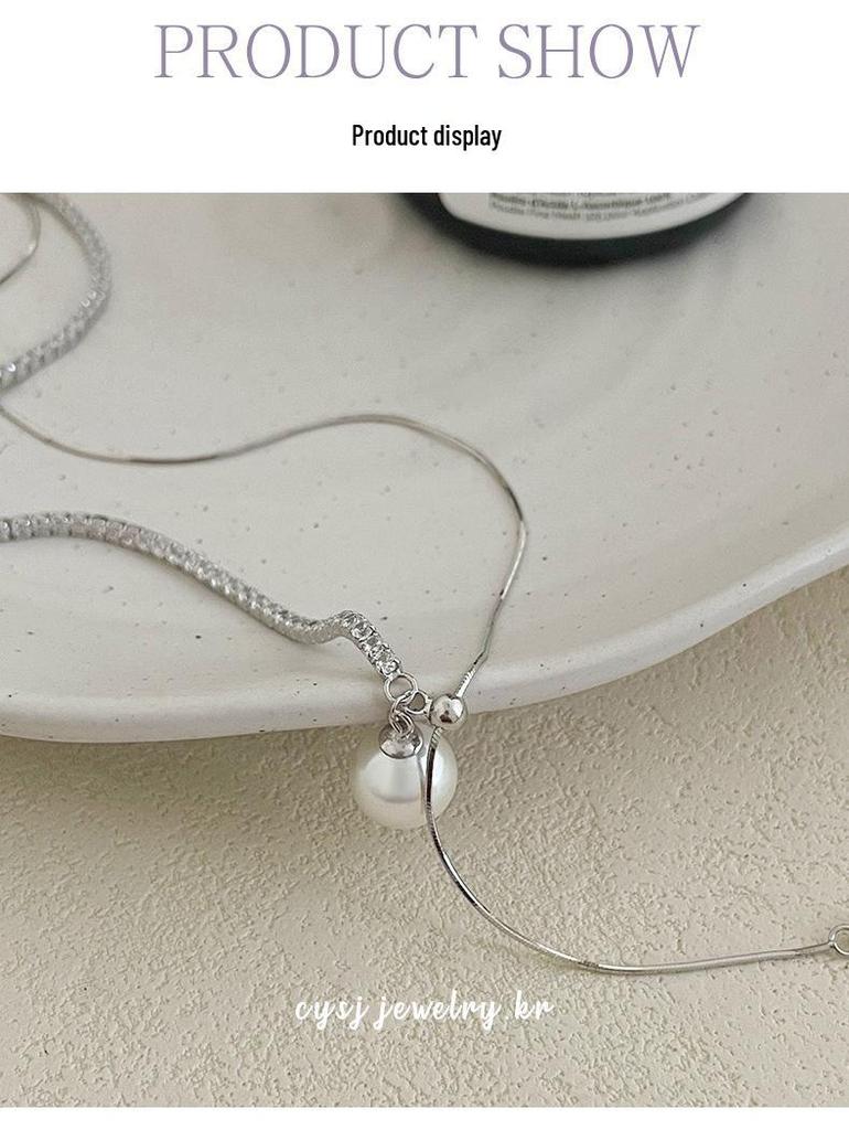 Cui Yan S925 Sterling Silver Korean Asymmetrical Long Necklace with Rhinestones & Pearl Clavicle Chain