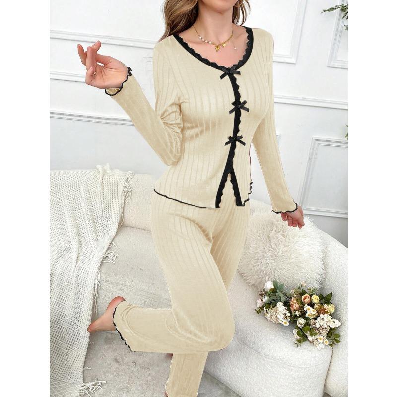 Podzimní a zimní pyžamový set dámské krajkové pyžamo s dlouhým rukávem a kalhotami dvoudílný set noční prádlo ležérní domácí oblečení