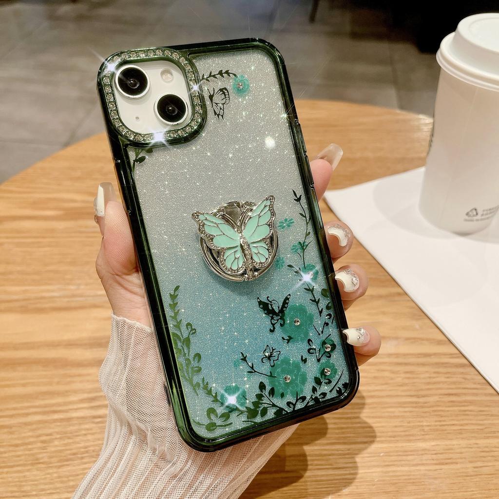 Suitable for Apple 16ProMax, Butterfly Ring Stand, Phone Case, Rhinestone, IPhone15 Electroplated Gradient Glitter Case