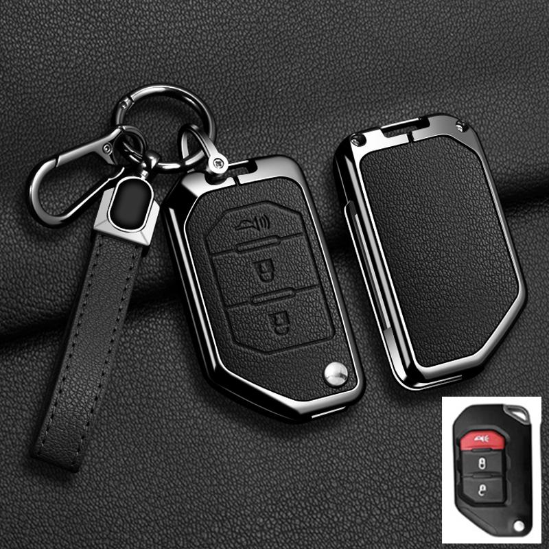 Convient Pour Jeep Gladiator Jt Sahara Jlu Wrangler Jl Rubicon Alliage de Zinc Cuir Véritable 2 3 4 Boutons Housse Étui Porte-clés pour Clé de Voiture Accessoires Auto