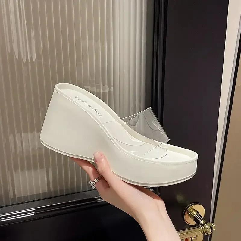 Fashion 2025 Summer New Thick Bottom High Heel Slippers for Women Fashionable Transparent Sponge Cake Versatile Beach Slipper Sandals