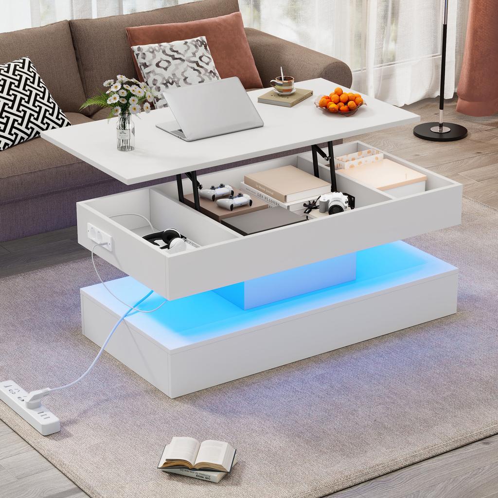 Modern Coffee Table with LED Lighting and Hidden Storage - Side Table with Hydraulic Lift, 100*50*42 cm, 50 kg Load Capacity