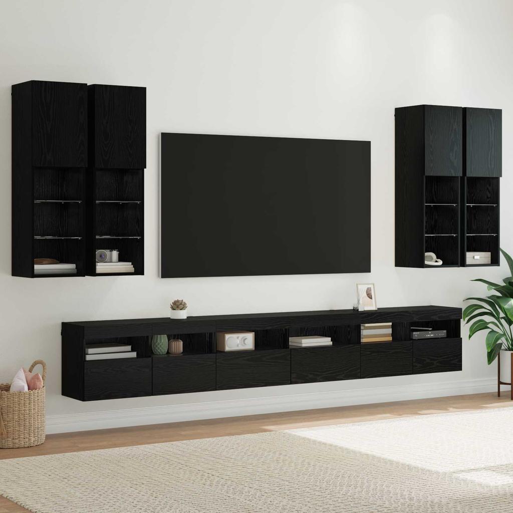 TV Wall Shelf Set 7 pcs Black Oak Effect Wood Based Panel