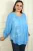 Metal Button Front Glittery Patterned Folded Sleeve Linen Washed Plus Size Shirt