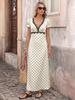 Maxi Abito a Pois in Pizzo con Scollo a V e Maniche a Sbuffo Stile Vacanza Francese