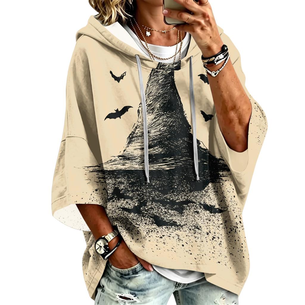Women's Fashionable Three-Quarter-Sleeve Halloween-Printed Hooded Pullover