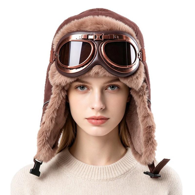 Unisex Vintage Pilot-Style Fleece-Lined Winter Hat With Goggles Cold Weather Riding Outdoor Use