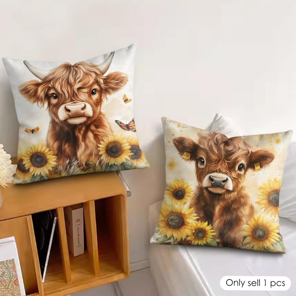 Cute Highland Cow Cushion Cover Soft Plush Fabric DoubleSided Printed Cushion Covers for All Seasons Modern HomeDecor Gift