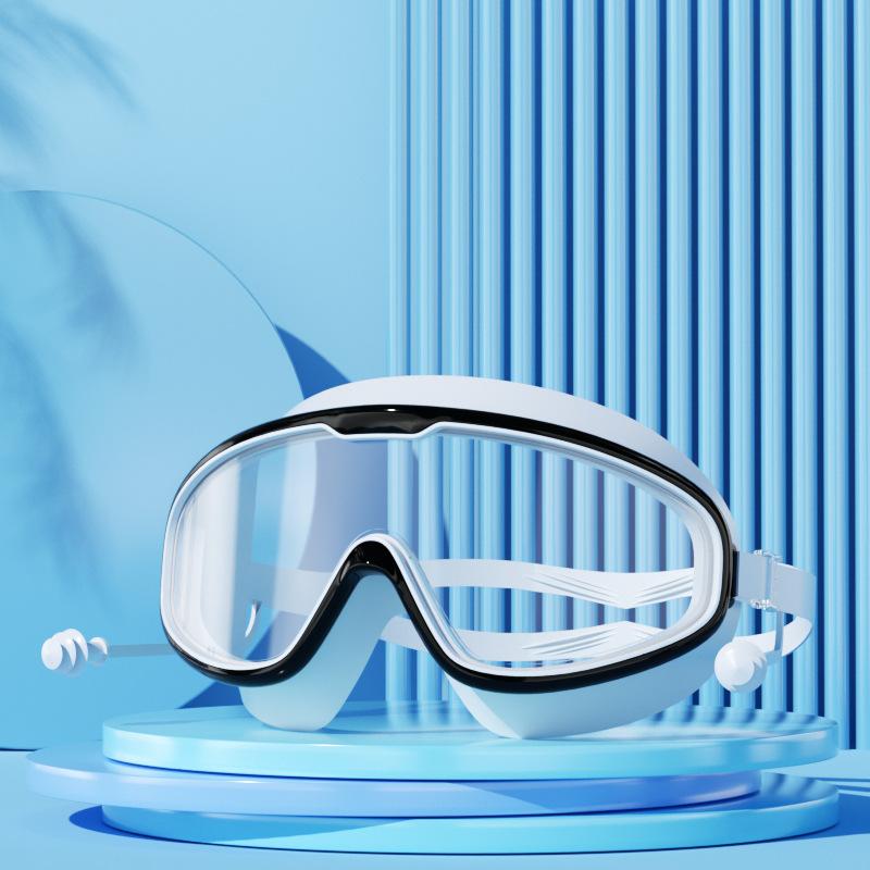 Risers Swimming Goggles Large Frame Nearsighted Swimming Goggles Waterproof Anti-fog HD Transparent One-piece Ear Plugs